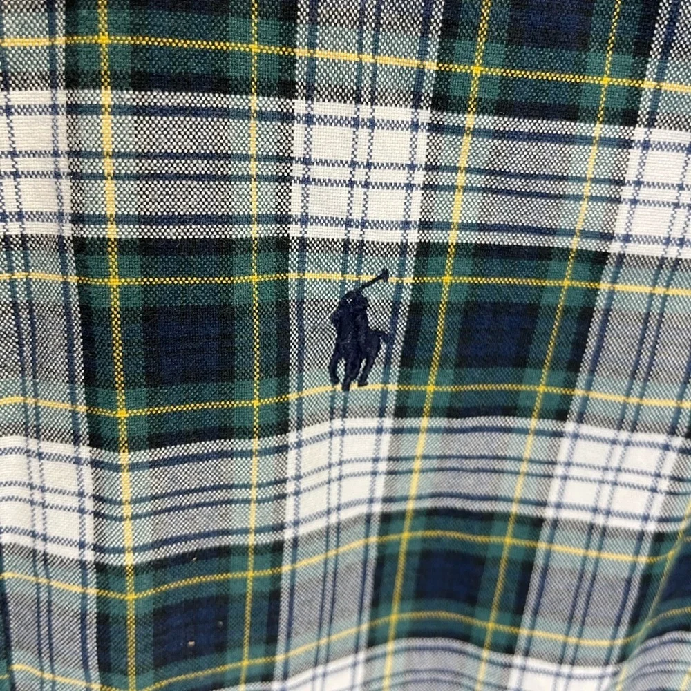 Ralph Lauren Boys Medium Green White Navy Plaid Button Down Shirt